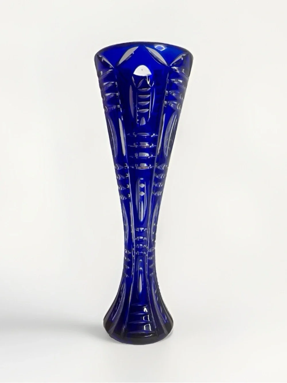 Vintage Cobalt Blue Cut Crystal Vase 12” Pedestal Geometric Art Glass Heavy Read